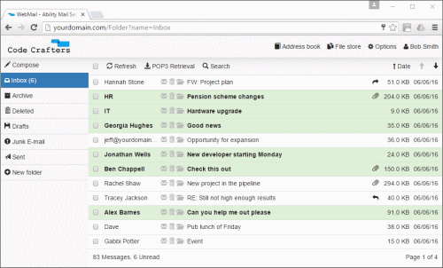 Ability Mail Server interface showing mail server configuration