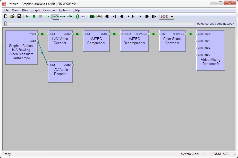 GraphStudioNext interface showing DirectShow graph visualization