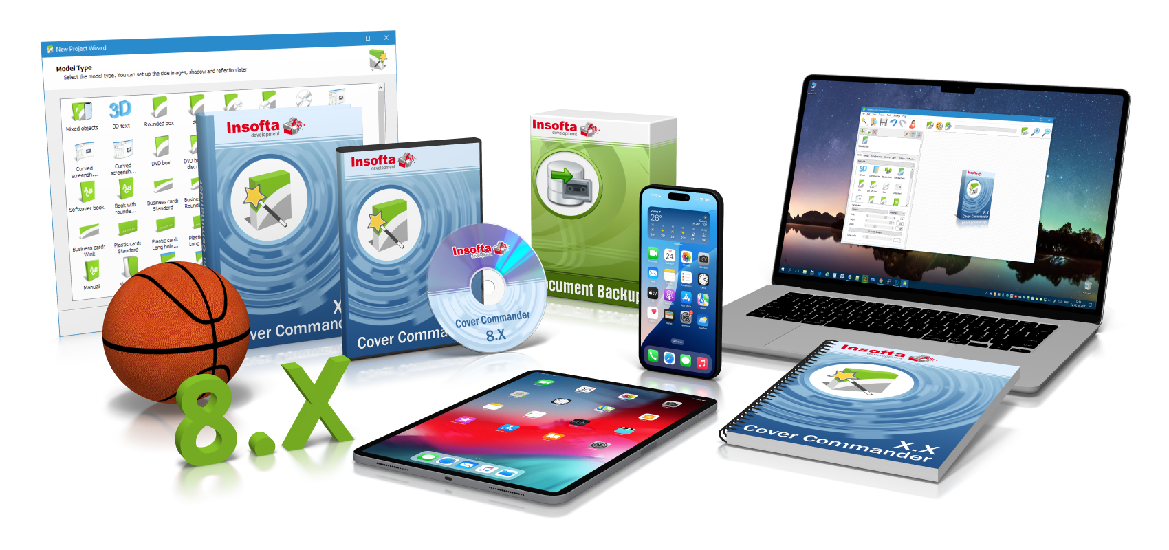 Insofta Cover Commander interface showing 3D box and cover design