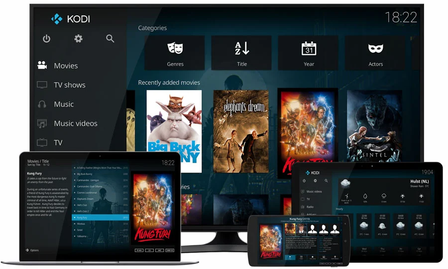 Kodi interface showing media playback and library view