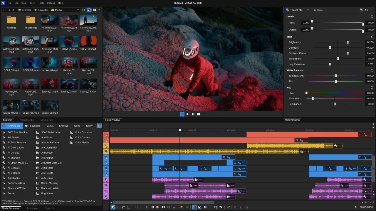 MAGIX VEGAS Pro interface showing video timeline and editing tools