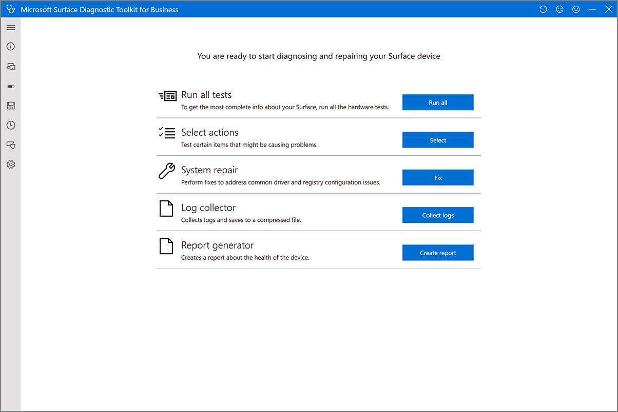 Microsoft Surface Diagnostic Toolkit interface for troubleshooting