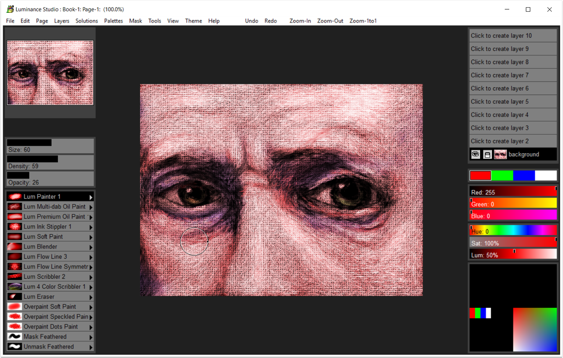 Pixarra Luminance Studio interface showing brush and layer panels