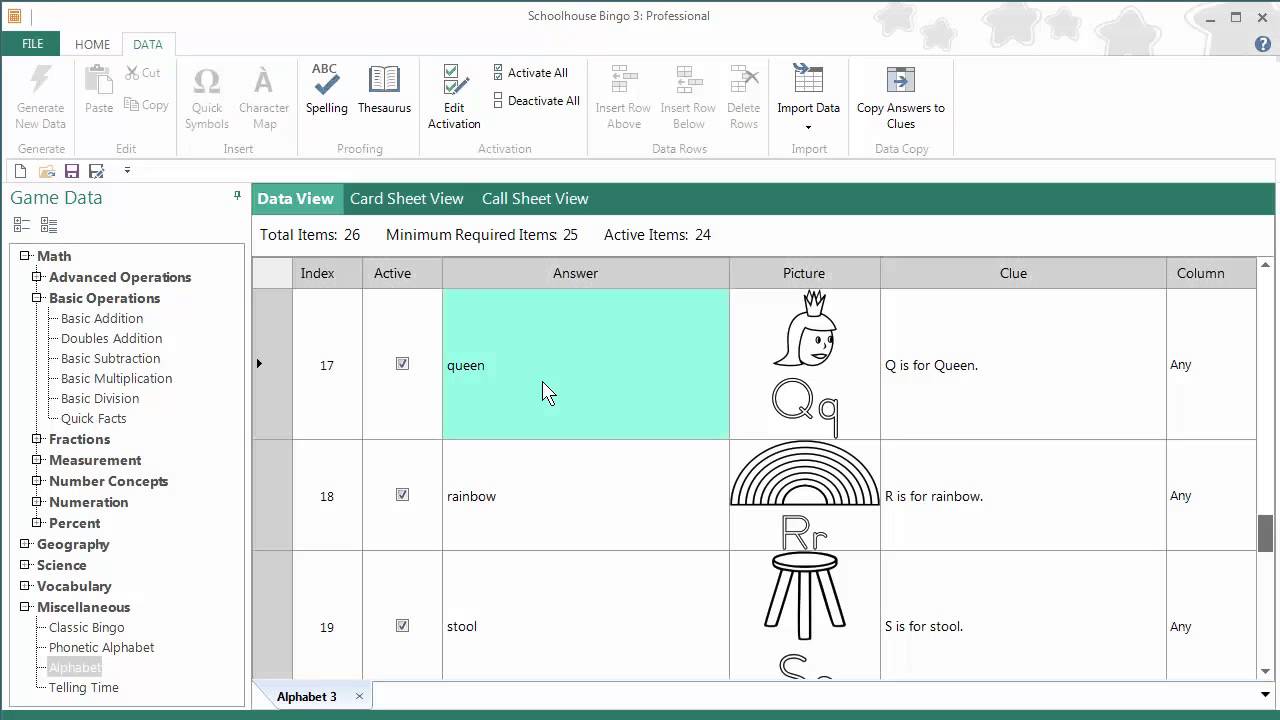 Schoolhouse Bingo Professional interface showing bingo card design