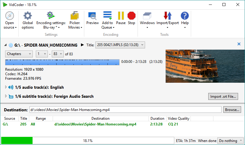 VidCoder interface showing video transcoding options